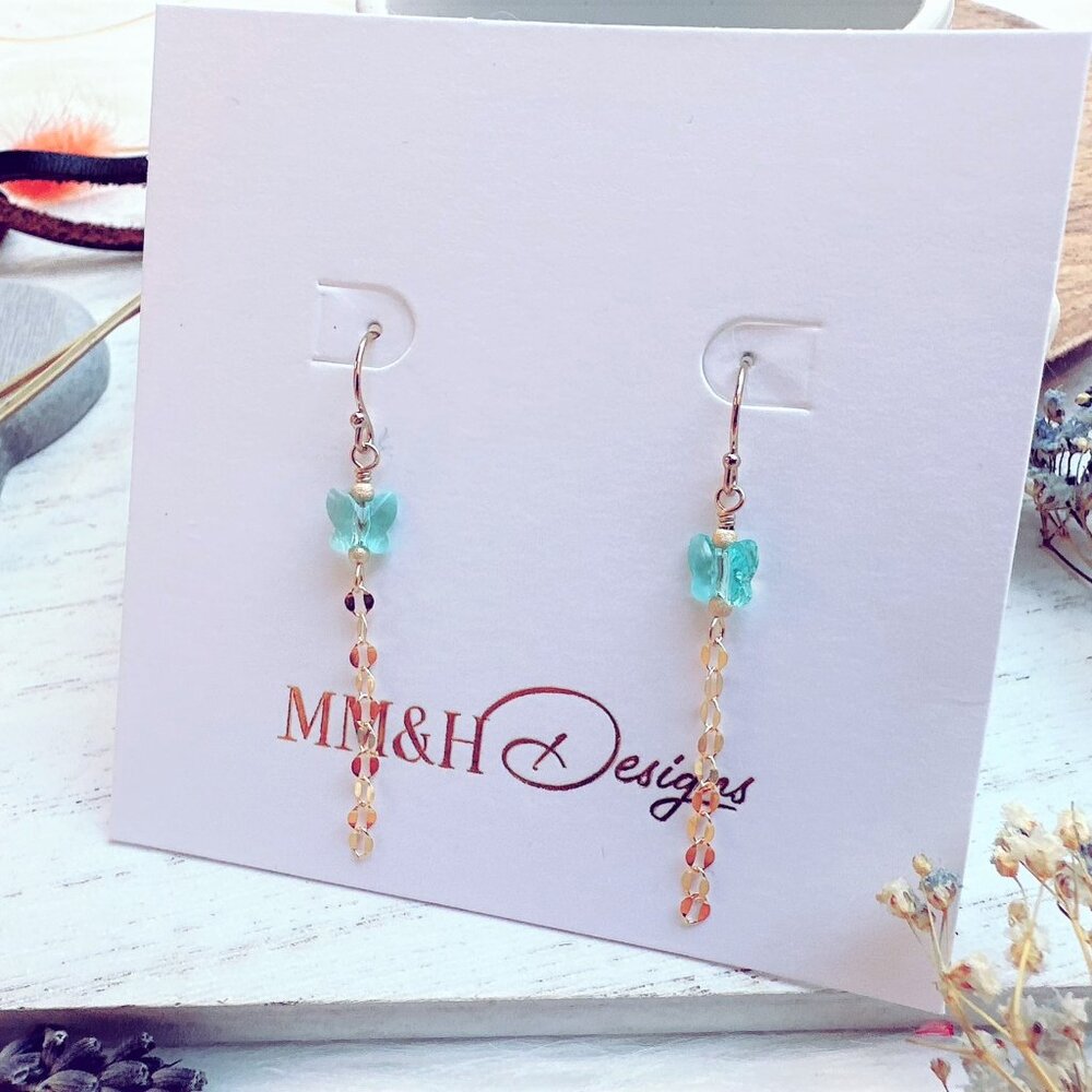 14k Gold-Filled Mini Crystal Butterfly Gold Chain Earrings | Handmade in BC